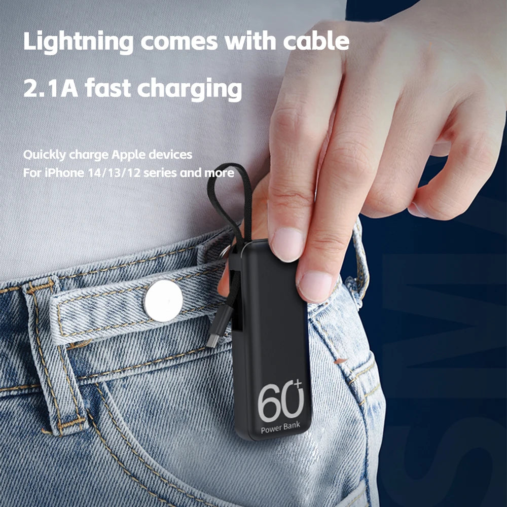 6000mAh Mini Power Bank Phone Fast Charger With Type-C Micro Cable Portable External Spare Battery for iPhone 14 Samsung Xiaomi